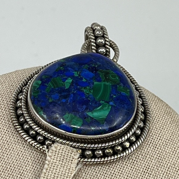 Vintage 925 Sterling Silver Azurite-Malachite Pendant - Picture 5 of 17